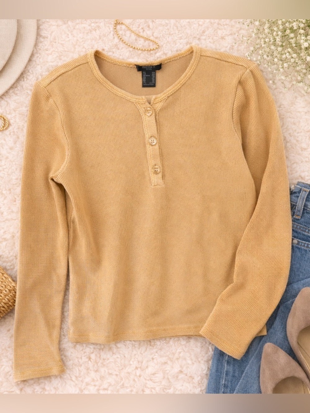 Forever 21 Kids Ribbed Henley Top Yellow Long Sleeve Shirt Girls Size 5/6 - Picture 1 of 8